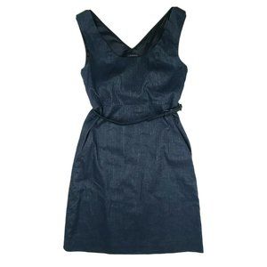 Theory Navy Blue Linen Cotton Belted Striped Dress